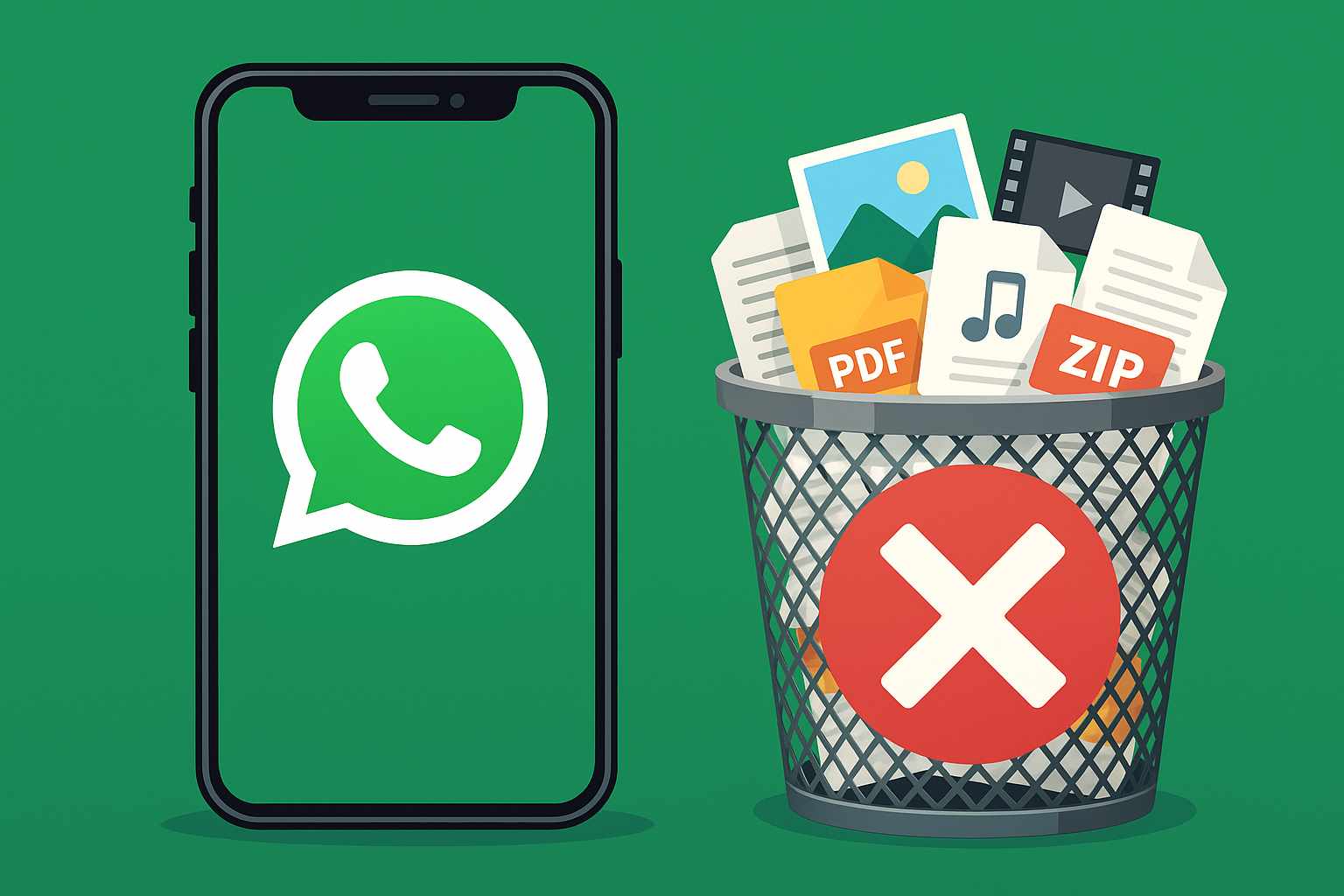 Illustrazione smartphone con sfondo WhatsApp e cestino pieno di file: cestino di WhatsApp