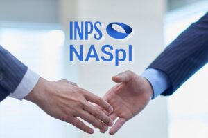 Datore di lavoro e dipendente che si danno la mano e logo INPS NASpI