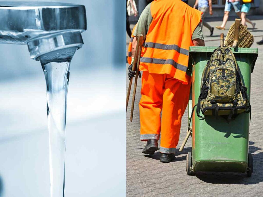 collage di acqua che scorre dal rubinetto e netturbino che pulisce
