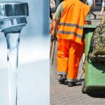 collage di acqua che scorre dal rubinetto e netturbino che pulisce