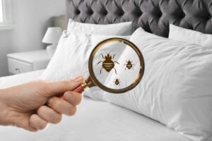 Letto e in primo piano lente di ingrandimento con cimici