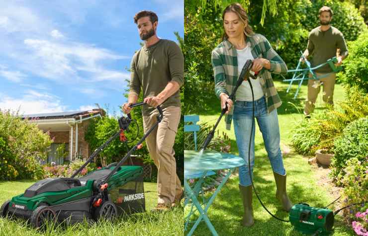 uomo e donna lavorano in giardino con attrezzi